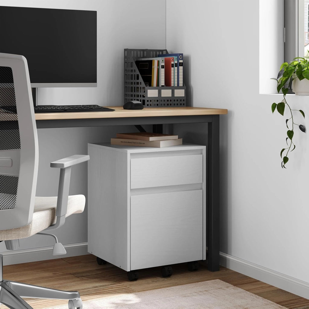 Cassettiera Scrivania con 2 Cassetti, Schedario con Rotelle, Schedario da Ufficio A4, in Legno PB, Bianco, 40x40x56cm, ASK11ws