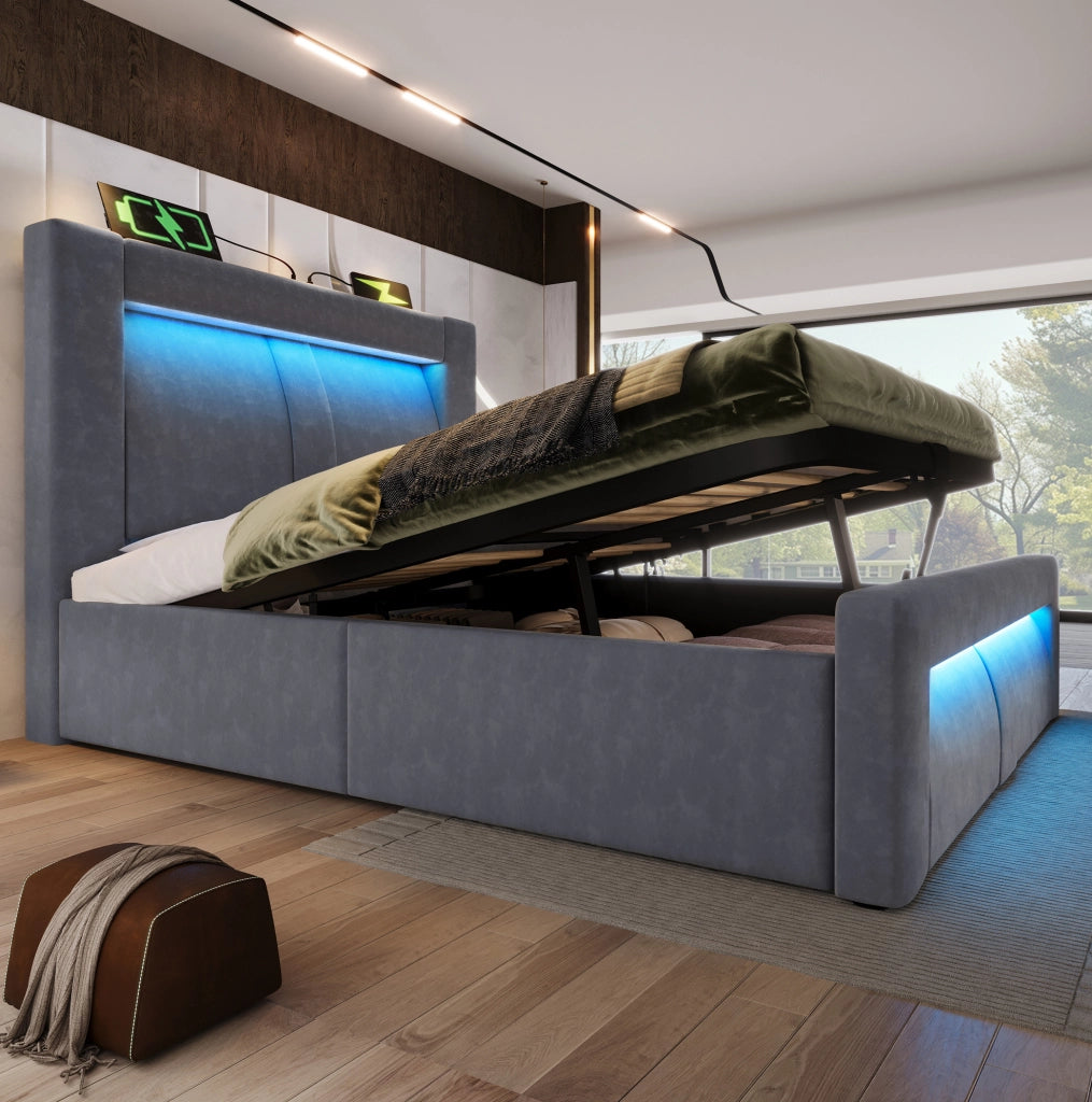 Letto singolo 90x200 cm con contenitore; LED; USB e Type-C; testiera curva in velluto grigio