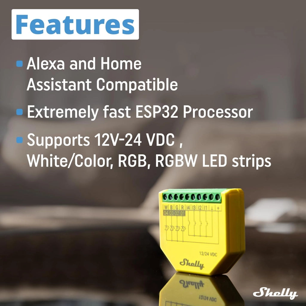 Shelly Plus RGBW PM. Modulo di Controllo RGBW per Strisce LED Wi-Fi e Bluetooth