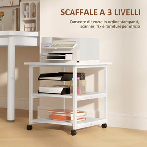 Carrello Porta Stampante a 3 Ripiani con 4 Ruote 50x50x52,5 cm Legno e Acciaio Bianco
