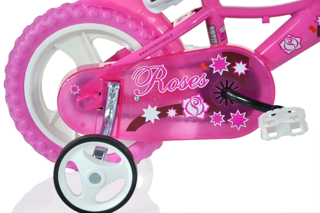 SCH ROSES 12", bicicletta per bambini, adatta a bambini tra i 3 e i 5 anni, per altezza tra 85 e 105 cm, cestino, trombe