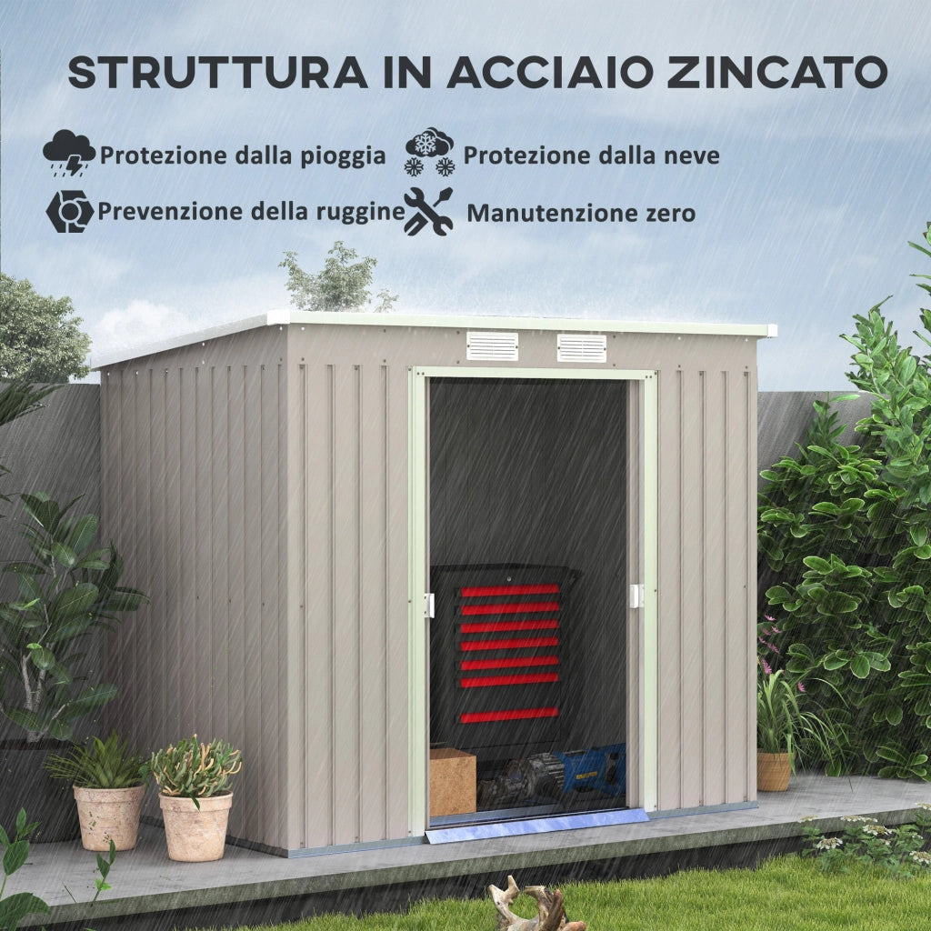 Casetta Box da Giardino 213x130x172 cm con Tetto Inclinato 2 Ingressi e Prese d'Aria in Acciaio Zincato Grigio