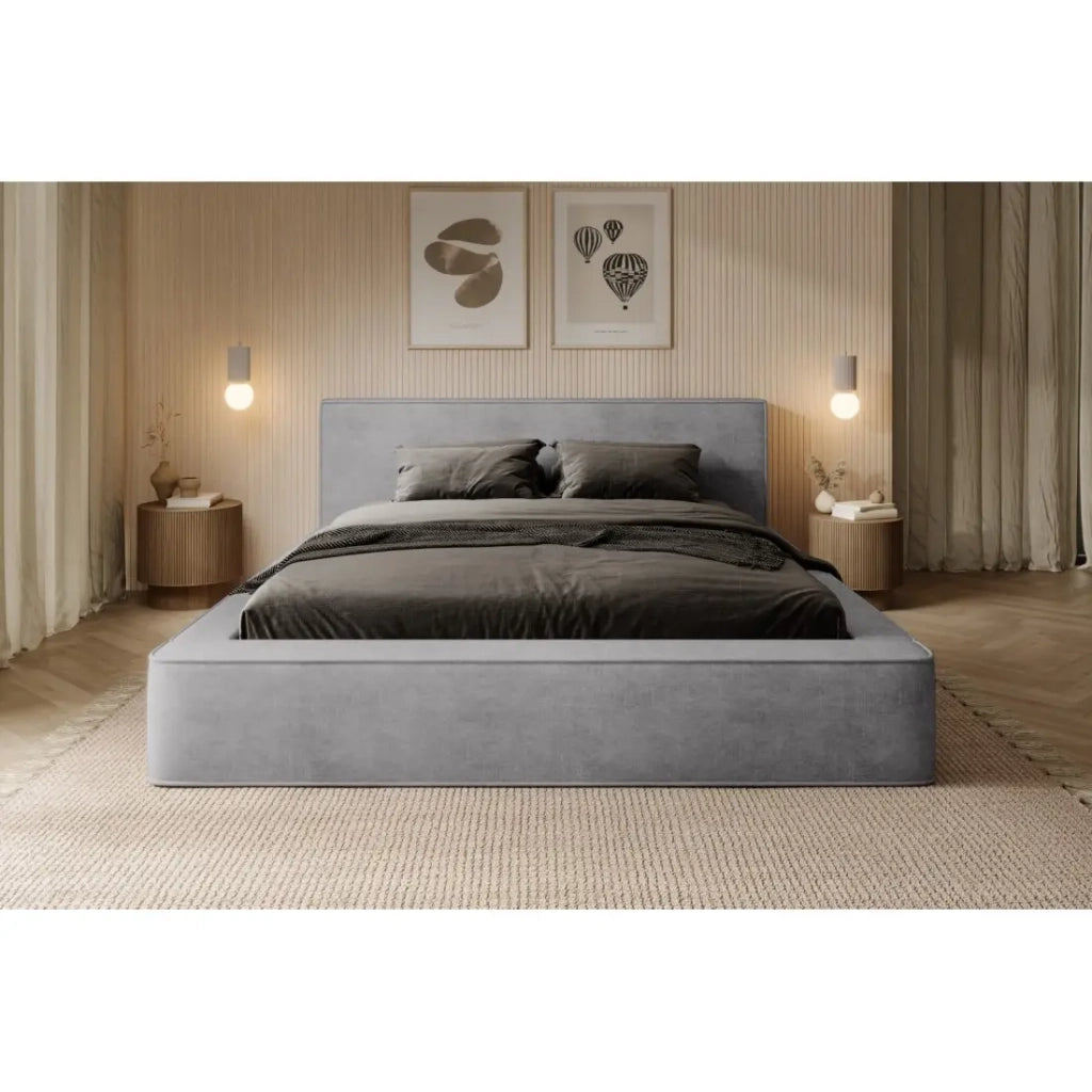 Letto contenitore VELORA – Grigio chiaro – 140x200 cm – Tessuto velluto morbido – Rete sollevabile – Contenitore integrato