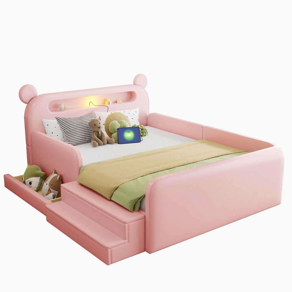 Letto imbottito per bambini con testiera a orso e USB, 140x200 cm, rosa