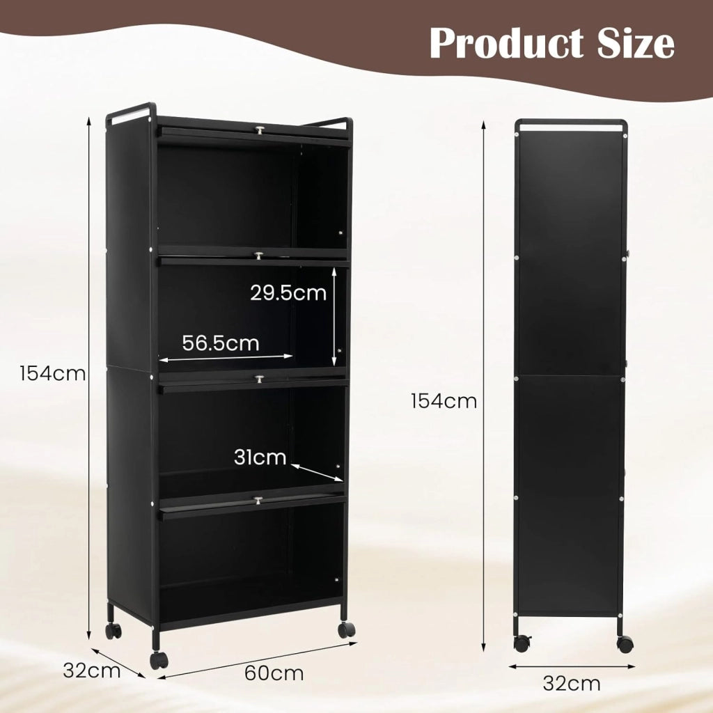 Credenza Cucina a 5 Livelli, Scaffale da Cucina in Piedi su Ruote, Mobile Cucina Dispensa con Ante in PC, con Protezione Antiribaltamento, 60 x 32 x 154 cm, 3 Colori (Nero)