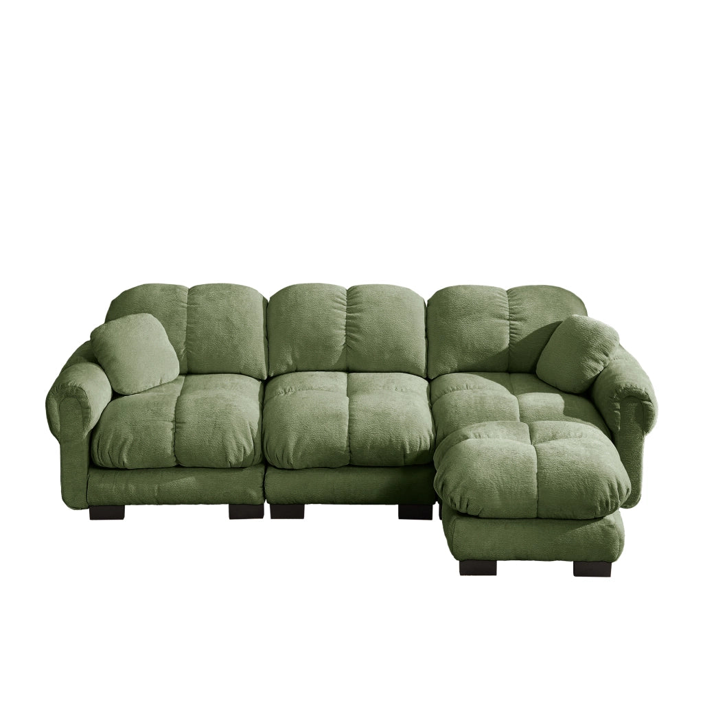 Divano angolare 3 posti con pouf mobile e cuscini; trapuntato; in ciniglia verde 260×149×90 cm