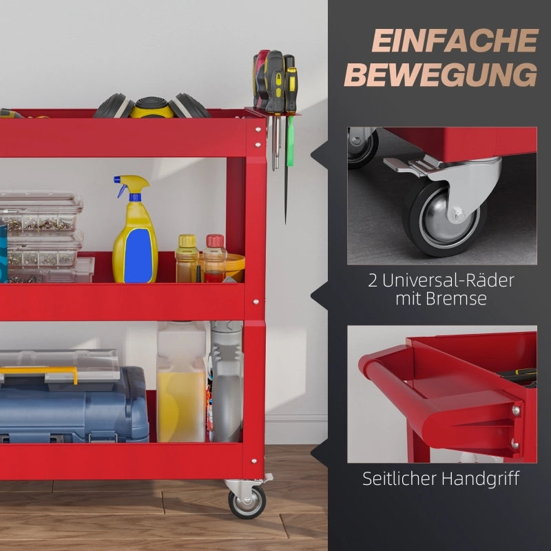 Carrello portautensili a 3 ripiani, 4 ruote, acciaio, 83 cm (larghezza) x 35,3 cm (profondit¨¤) x 76 cm (altezza), rosso