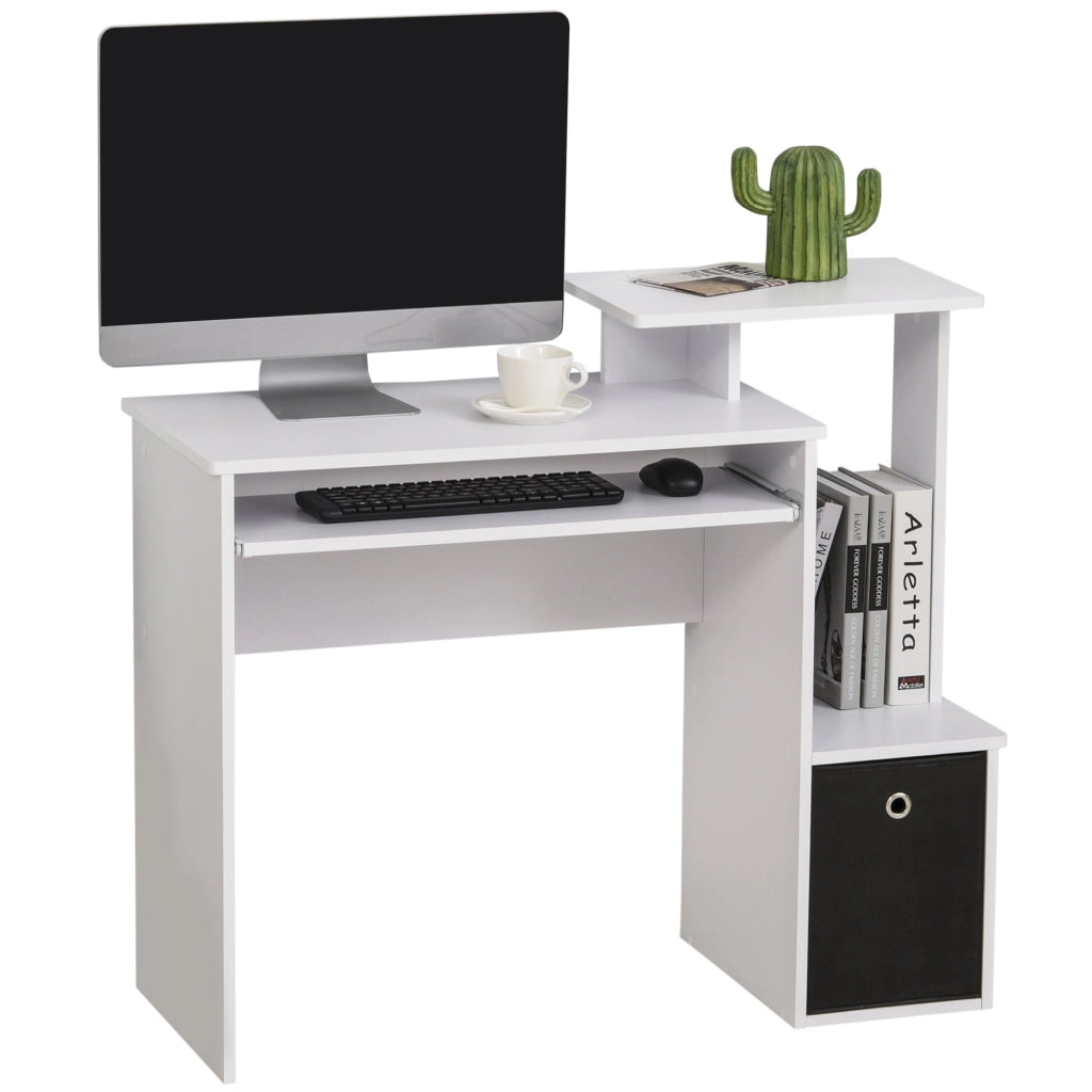 Scrivania Moderna con Mensola per Tastiera e Cassetto in Tessuto 100x40x86,6 cm  Bianco e Nero