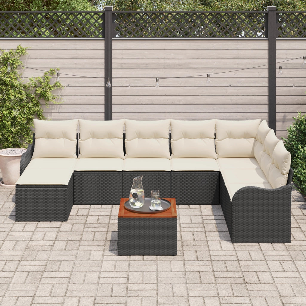 Set di Divani da Giardino 9 Pezzi con Cuscini Nero Rattan Fittizio Acacia