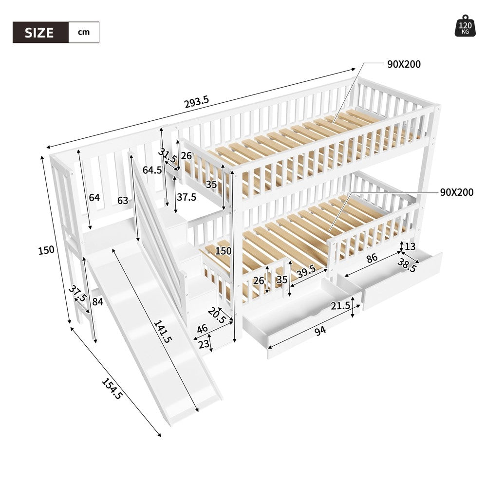 Letto a Castello per Bambini con Scivolo, Cassetti e Porta Magnetica ¨C MINIMAL ¨C Massello Bianco 90x200