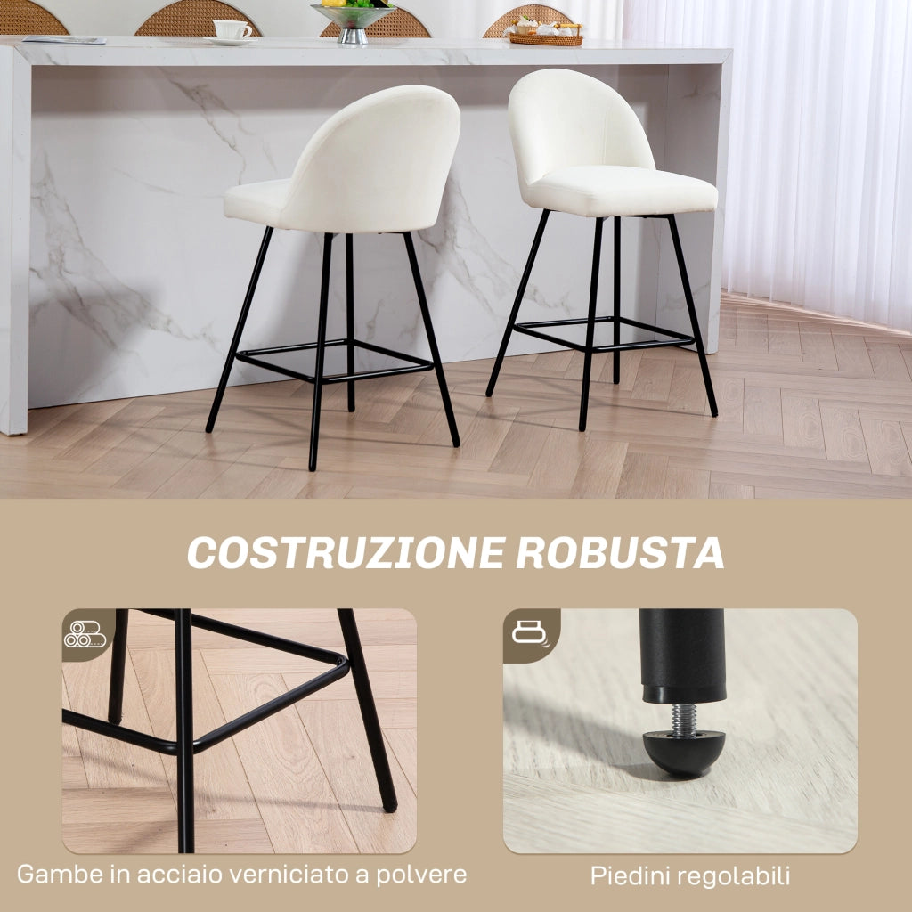 Set da 2 Sgabelli da Bar con Schienale in Velluto e Poggiapiedi in Acciaio, Bianco Crema