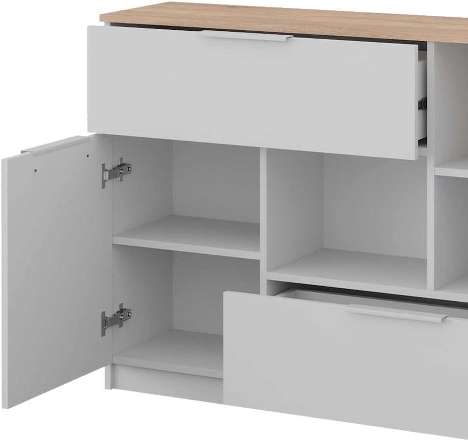Cassettiera per camera da letto Betti, Bianco/Sonoma, 120 x 83.6 cm 2x porta, 2x cassetto e 1x scomparto aperto, per la conservazione e l'organizzazione di oggetti di uso quotidiano