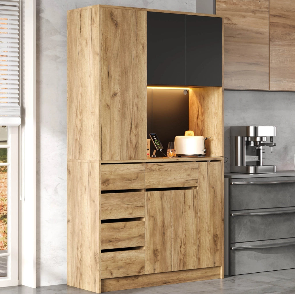 Mobile buffet da cucina con LED; presa integrata e ripiani regolabili 185 x 105 x 40 cm; nero e naturale