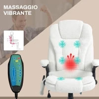 Sedia da Ufficio Massaggiante e Regolabile con Telecomando, in Tessuto Teddy, 67x74x107-116 cm, Bianco