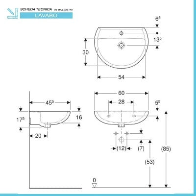 Lavabo sospeso 65 cm Geberit in ceramica lucida  Colibrì