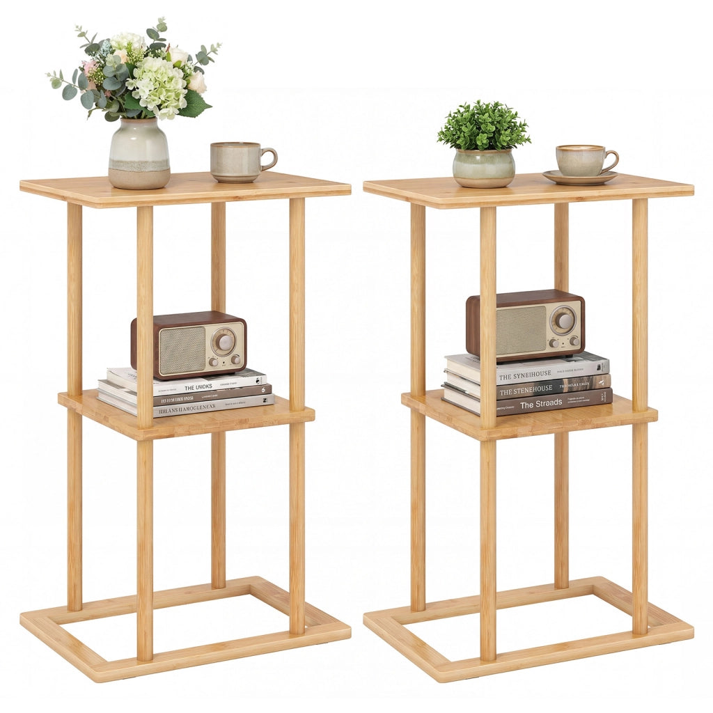Tavolino laterale compatto in bamboo con mensole portaoggetti 2 pezzi, Tavolino d'appoggio per soggiorno e camera da letto