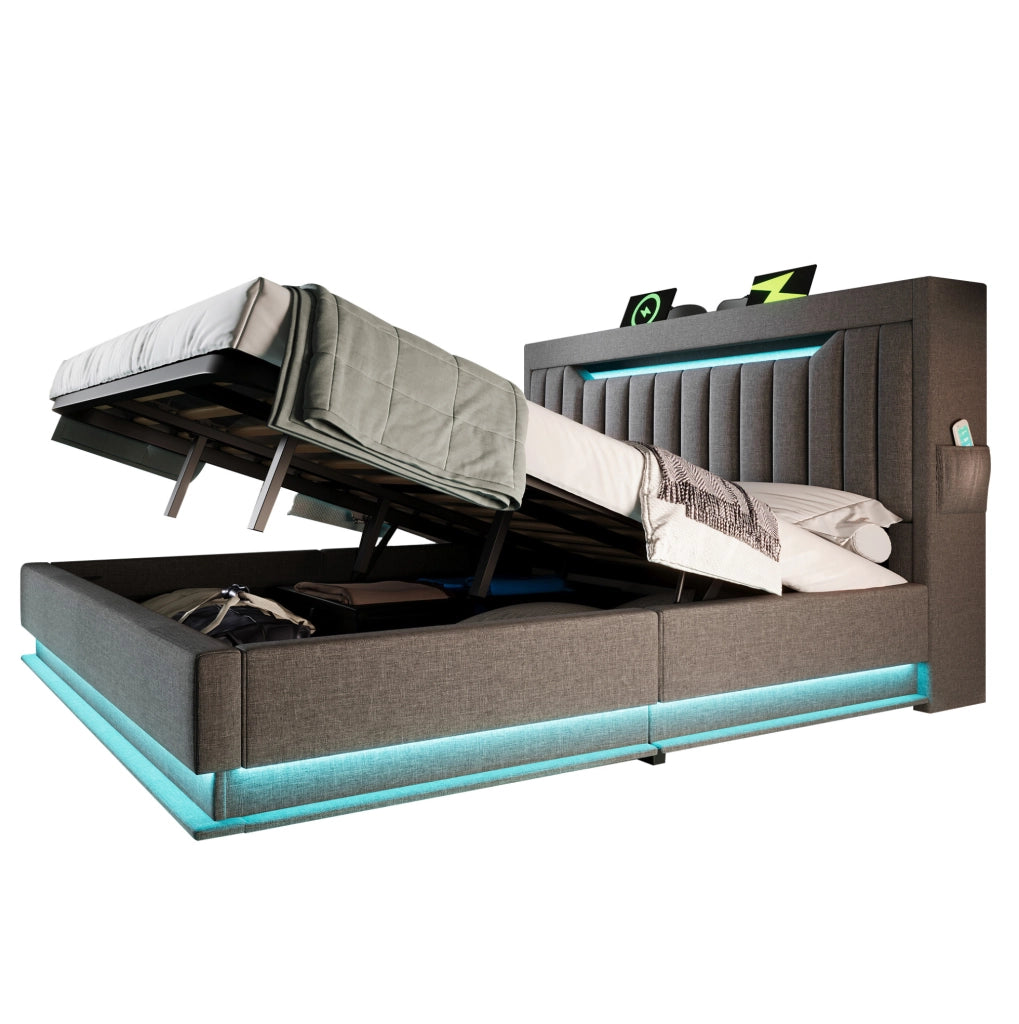 Letto matrimoniale 180x200 cm in lino grigio con LED; USB; Type-C e contenitore idraulico