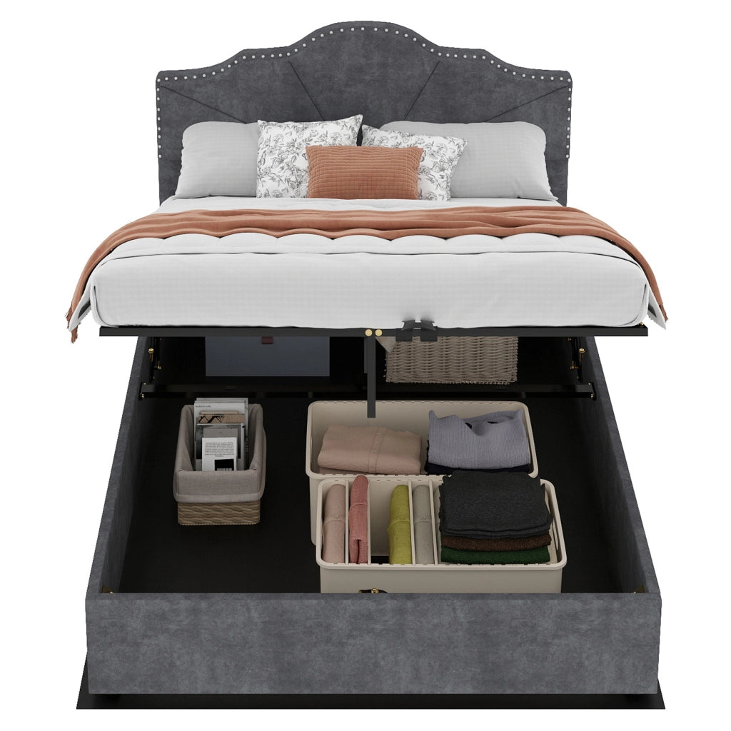 Letto Contenitore Imbottito ¨C MINIMAL ¨C Grigio 160x200 con Testiera, Doghe e Sollevamento Idraulico