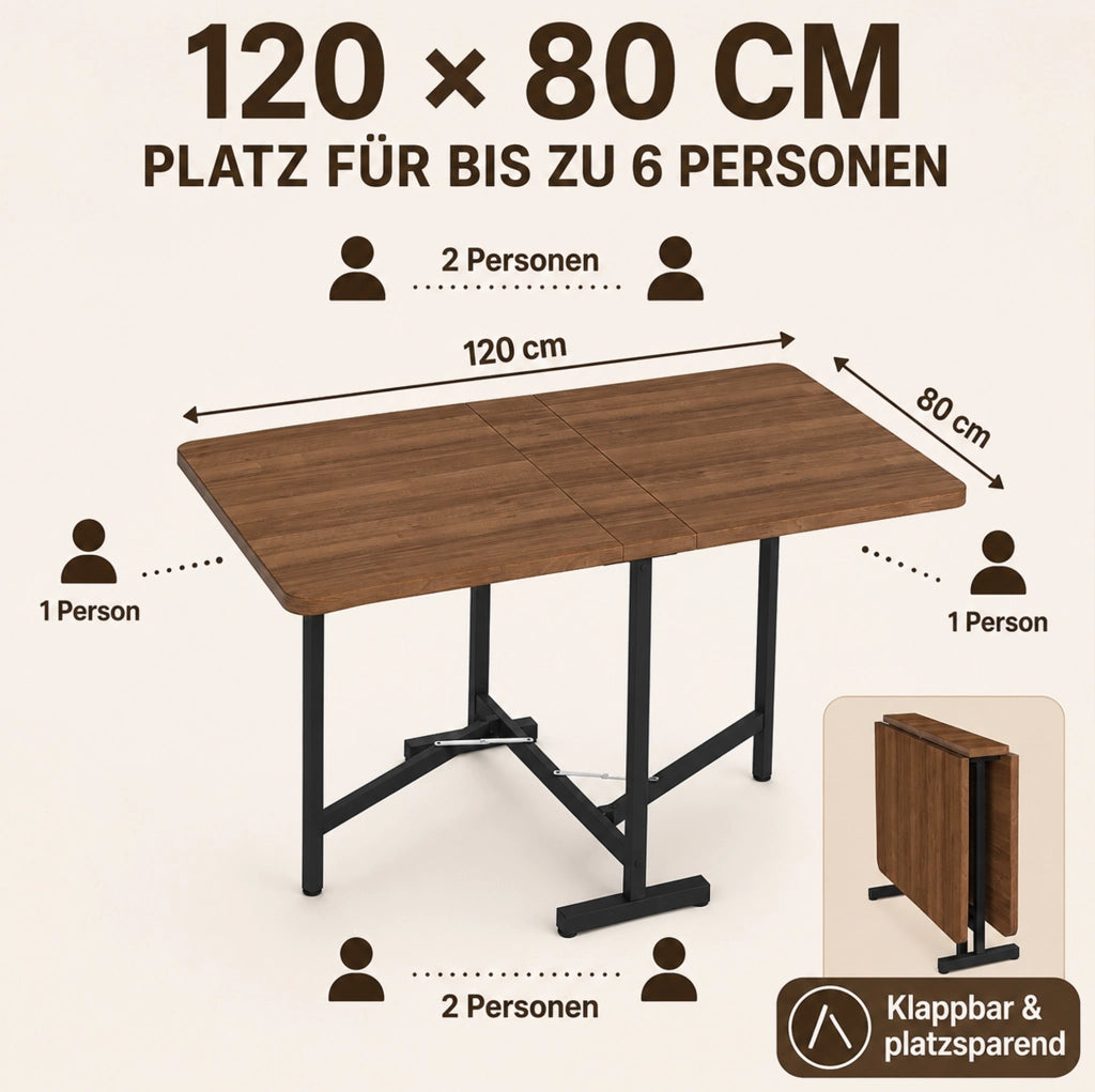 Tavolo da pranzo allungabile e pieghevole con funzione salvaspazio; colore noce; MDF