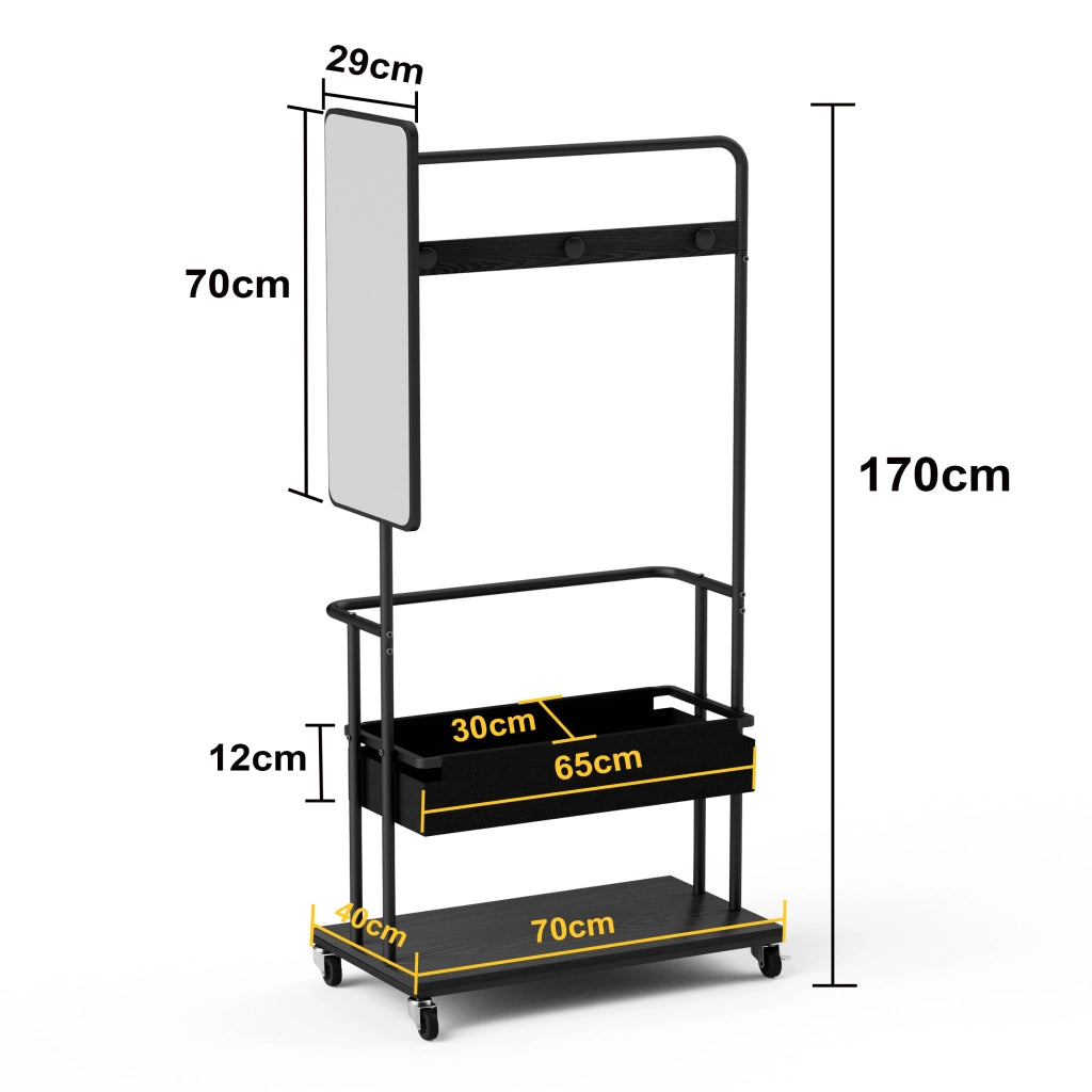 Armadio modulare aperto con vano appendiabiti; specchio e ruote - per ingresso - 70×40×170 cm - nero
