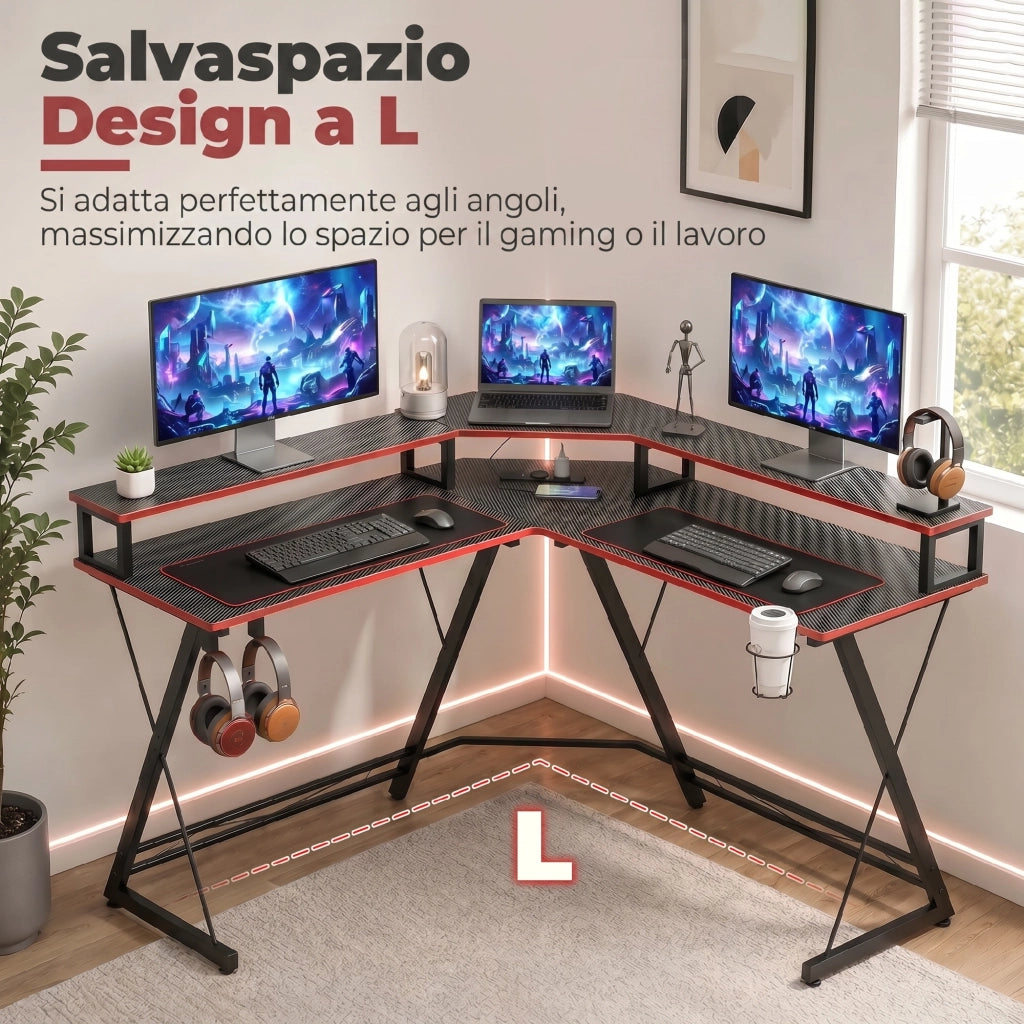 Scrivania da Gaming Angolare 128x128x88 cm con Supporto Monitor Gancio Cuffie e Portabicchieri Nero