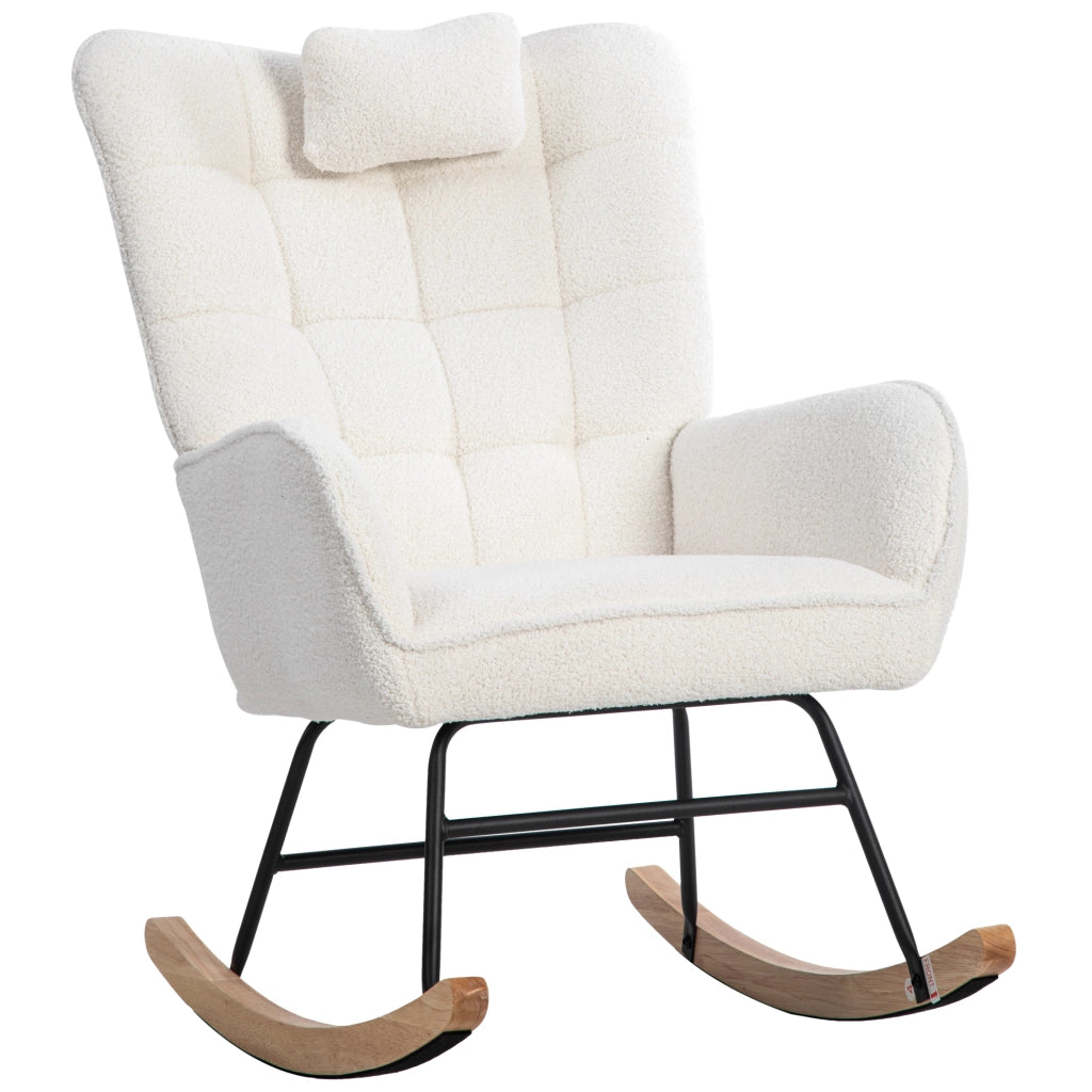 Poltrona a Dondolo Bouclé Bianca H92 cm con Poggiatesta e Pouf 49x38x38 cm
