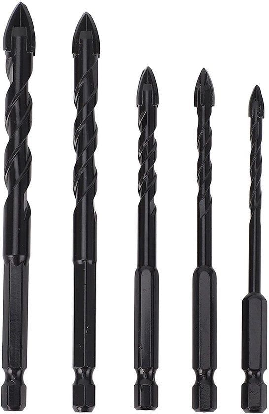 Set di perforatrici per cemento 5 pezzi - Carburo legato - Testa a 6 facce - Per vetro/ceramica/piastrelle/marmo - Compreso contenitore di conservazione - Resistenza industriale - Perforatrici per cemento