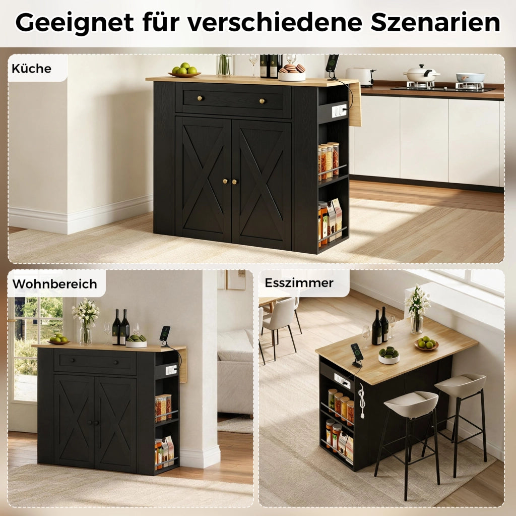 Isola da cucina con piano ribaltabile; presa 2 AC e 2 USB; MDF; 120 x 75 x 97 cm; nera