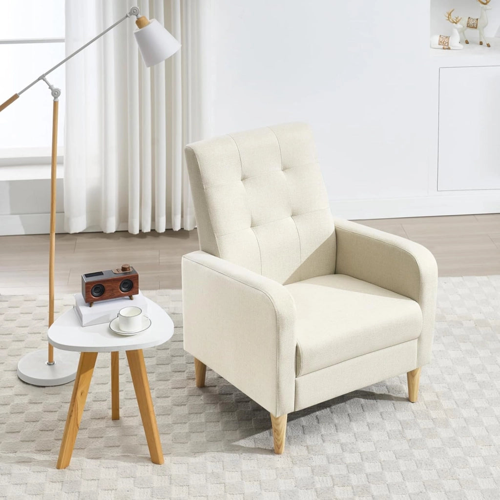 Poltrona da Salotto, Poltrona Relax con Schienale Alto, Sedia di Relax con Pieno Legno Massello Piedi, Seduta Imbottita, Rivestimento in Lino, per Salotto, Ufficio, Beige, SKS41be