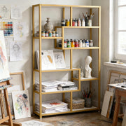 Libreria aperta moderna in metallo oro e pannelli effetto marmo bianco, 8 ripiani