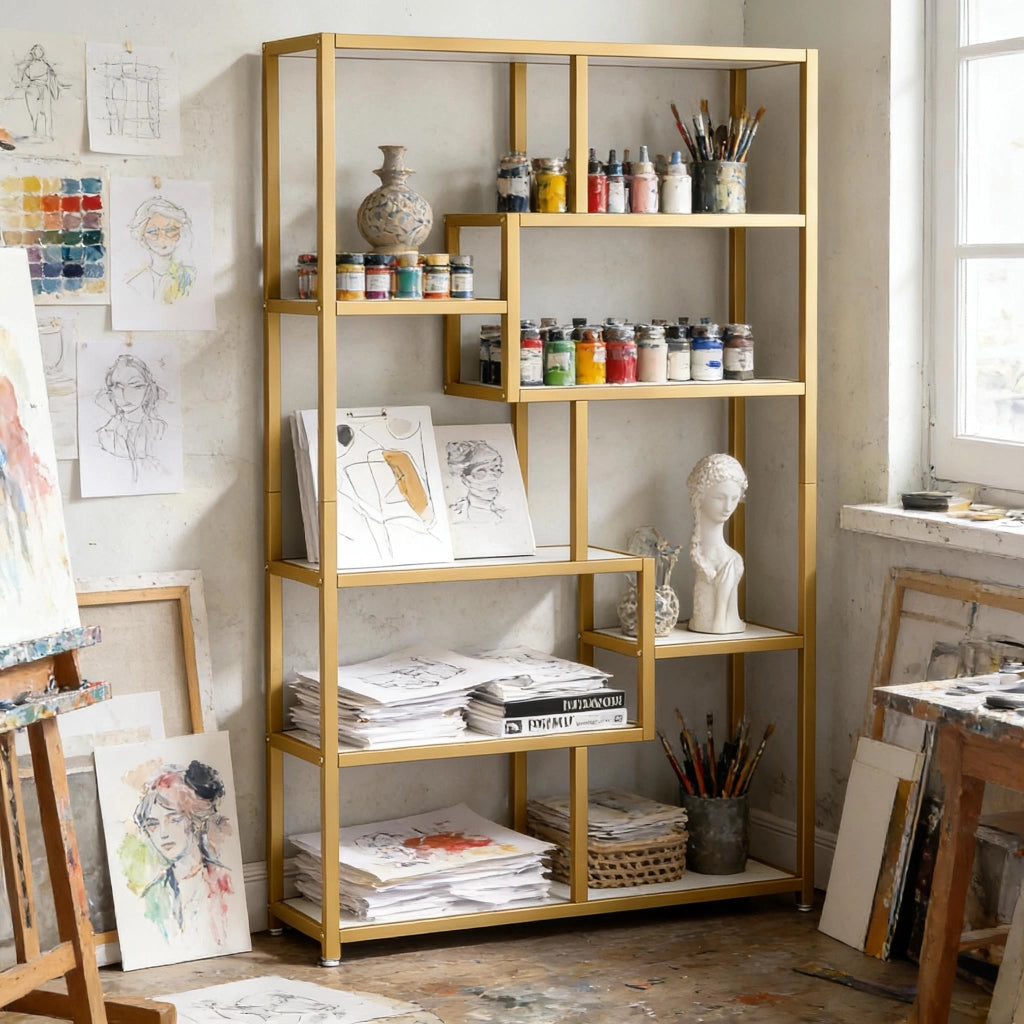 Libreria aperta moderna in metallo oro e pannelli effetto marmo bianco, 8 ripiani
