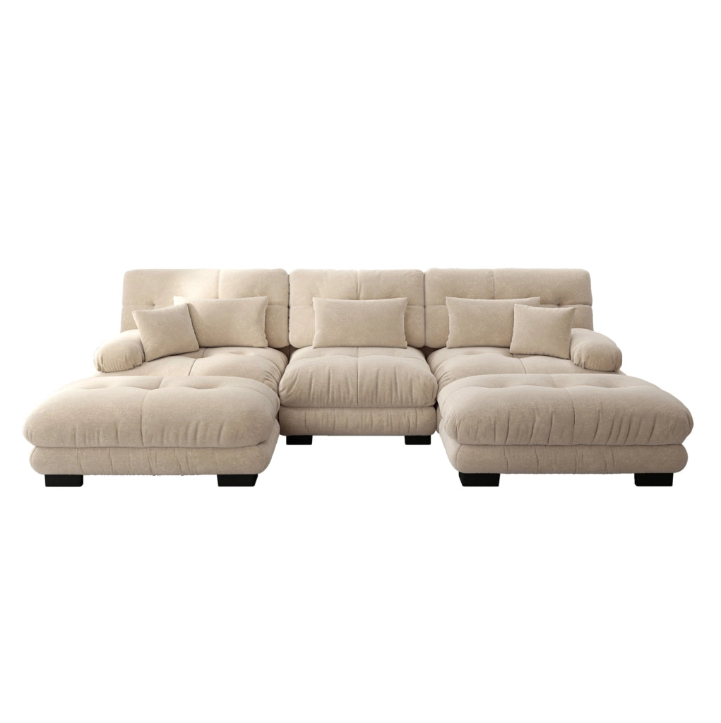 Divano angolare modulare U 313x145x81 cm in chenille beige chiaro con ottoman –