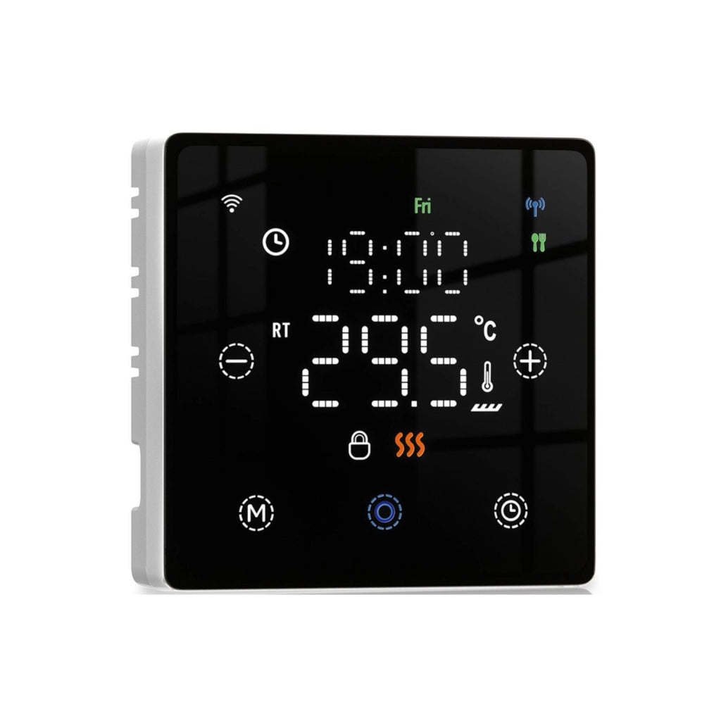 Termostato WIFI Con Batteria Nero, Per Caldaia a Gas Boiler, APP TUYA Smart Life, Quadrata Montaggio da Esterno Oppure Incasso Scatola 502