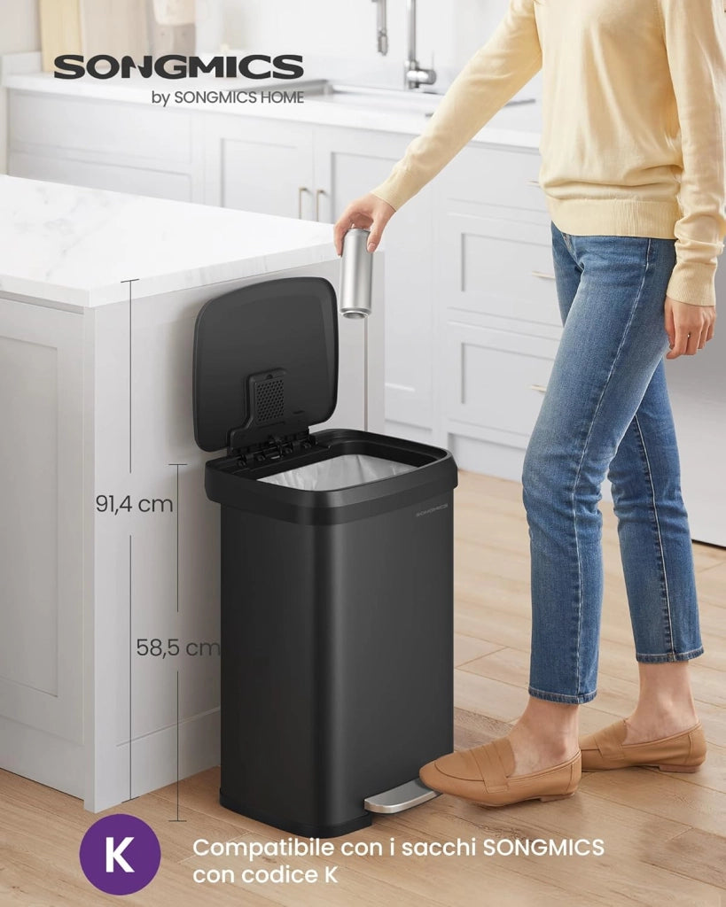 SONGMICS Cestino da Cucina, Pattumiera per Rifiuti da 50 L, Cestino a Pedale in Metallo con Coperchio, Alto e Grande, Nero LTB530B5002