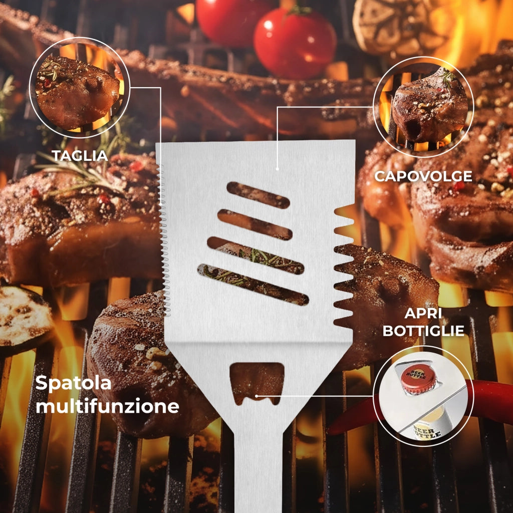 Set BBQ Professionale con Termometro Carne – Accessori Barbecue in Acciaio Inox 430 Alimentare con Pinza, Spatola, Forchettone, Coltello, Grembiule Kit 7 o 17 Pezzi Kit 7 Pezzi