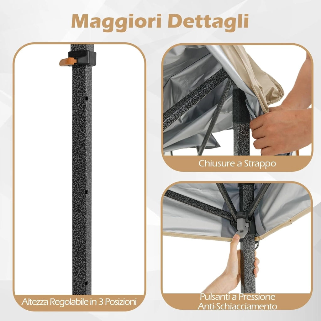 Gazebo Pieghevole Pop-up, Gazebo Esterno Impermeabile con Altezze Regolabili, Borsa Portatile, 8 Picchetti e 4 Corde Antivento, per Feste, Barbecue, Giardino e Spiaggia (Beige, 2,95 x 2,95 m)