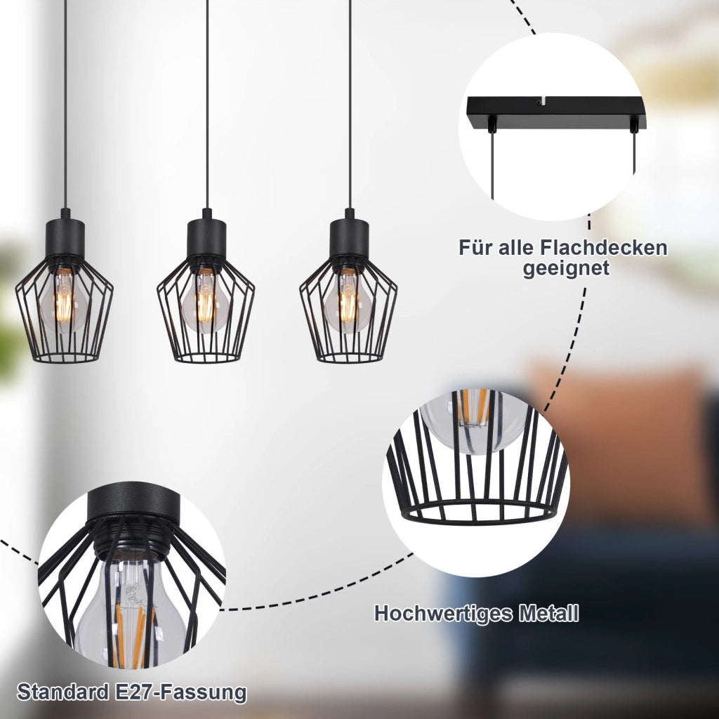 Lampada a sospensione ZMH industriale in metallo nero a 3 fiamme LED E27 in metallo