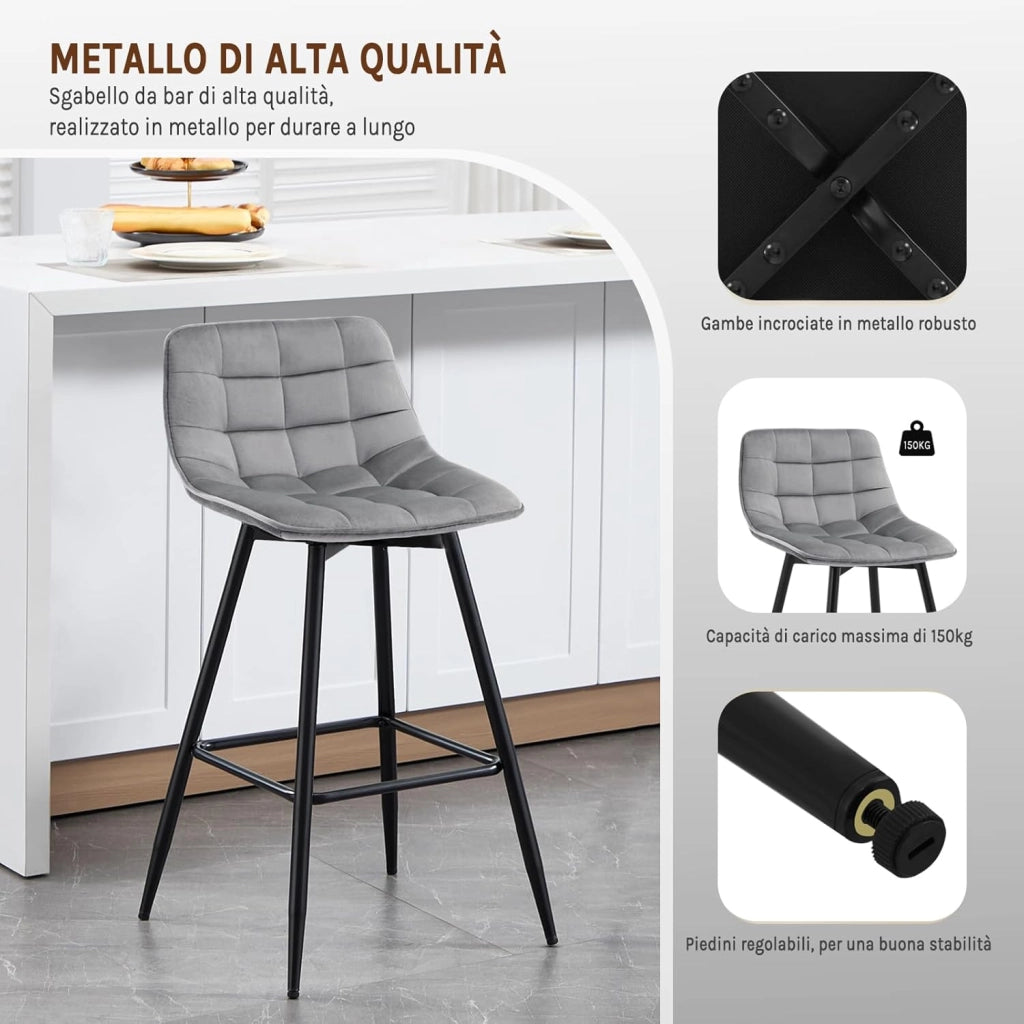 Set di 6 Sgabelli da Bar Moderni Sedia da Cucina con Schienale Poggiapiedi Rivestimento in Velluto Grigio Chiaro, Gambe in Metallo BH143hgr-6