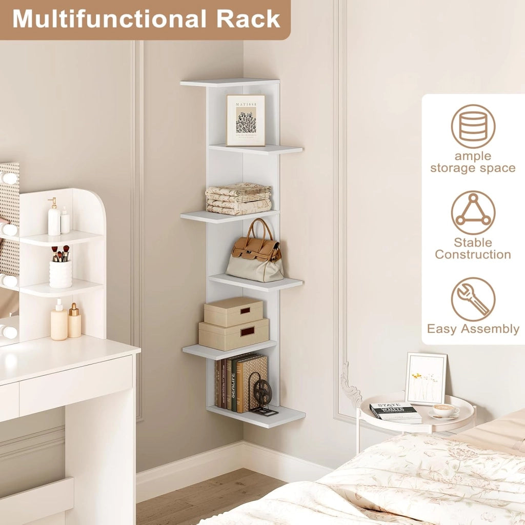Libreria ad Angolo, Scaffale Bianco a 6 Ripiani Aperti e Sfalsati, Scaffale Portaoggetti per Soggiorno, Camera da Letto, Ingresso, 37x37x140cm