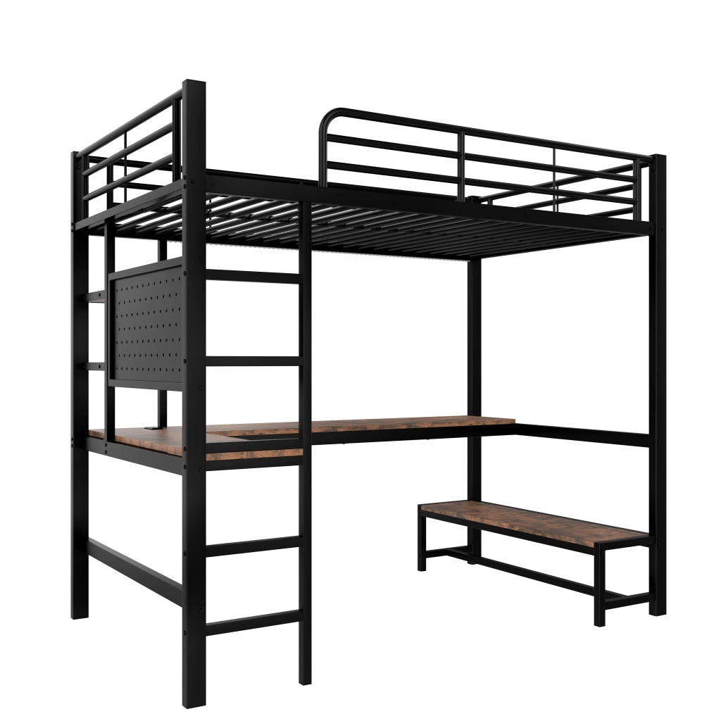 Letto a soppalco in metallo con scrivania; ripiani; presa USB/Tipo-C; LED e pannello forato; nero; 90x200 cm; senza materasso