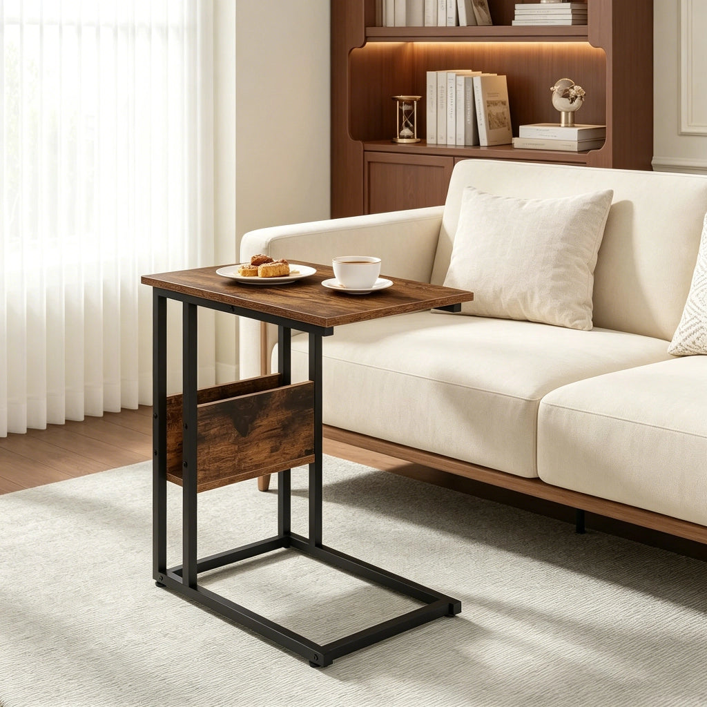 Tavolino basso fisso a C con ripiano laterale in legno e metallo marrone rustico per divano e letto 55 × 59,5 × 36 cm
