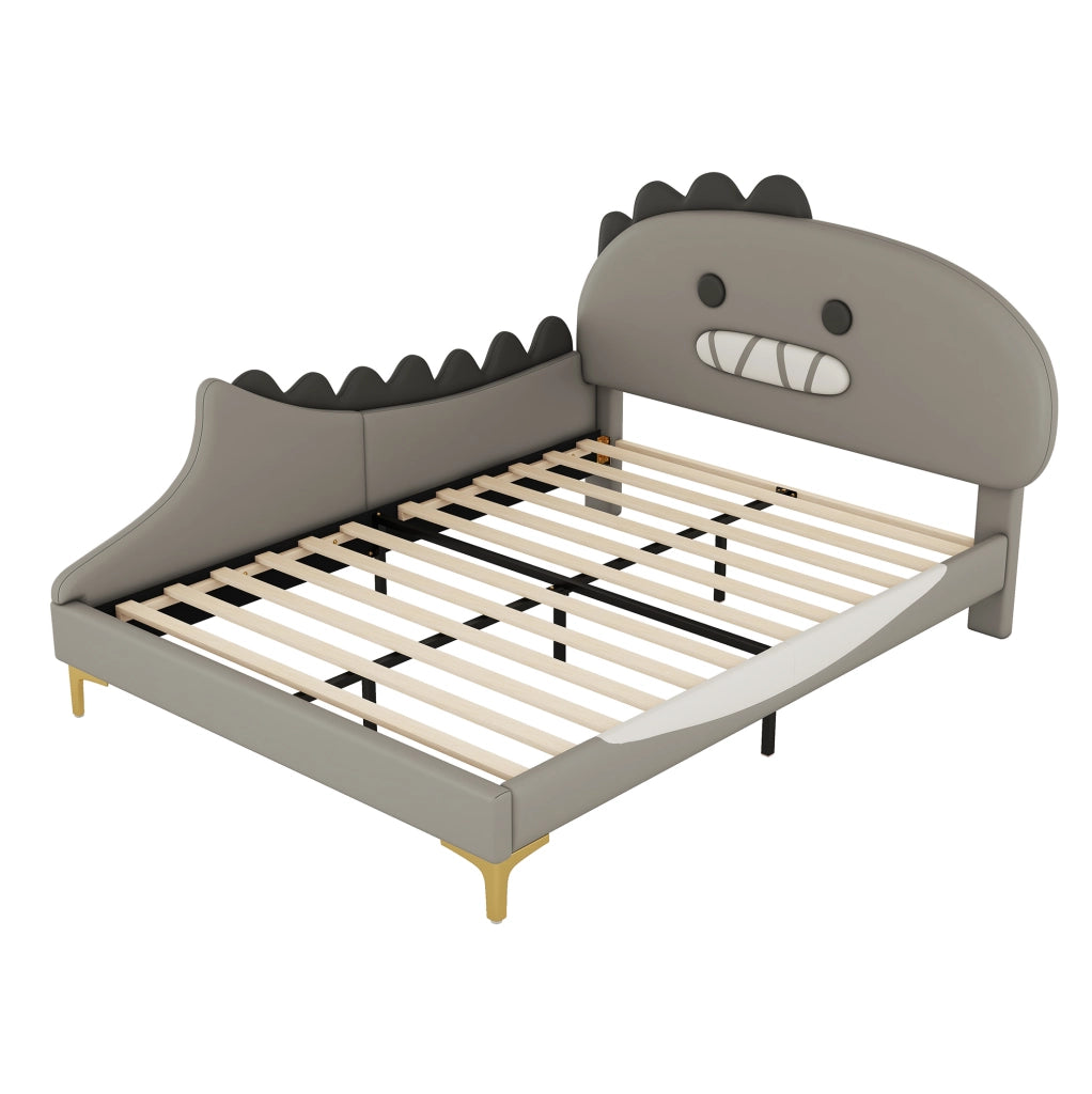 Letto per bambini 140x200 cm a forma di dinosauro cartoon, in PU e MDF grigio