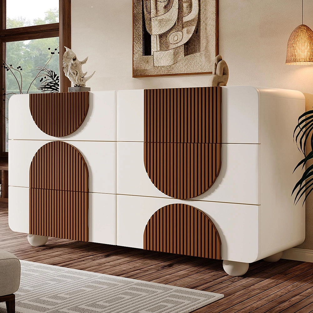 Credenza Elegante 121x71x41cm - Xylo - Bianco con 6 Cassetti Curvi e Guide Silenziose