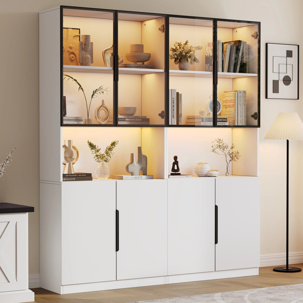 Vetrina con LED e ante in vetro, ripiano regolabile, per soggiorno, 160 × 30 × 200 cm