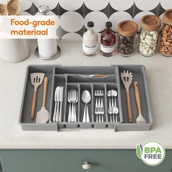 Organizzatore di Cucina Espandibile - Supporto Regolabile per Posate e Argenteria - Grande Cassetto di Archiviazione - 2 Pack Grigio