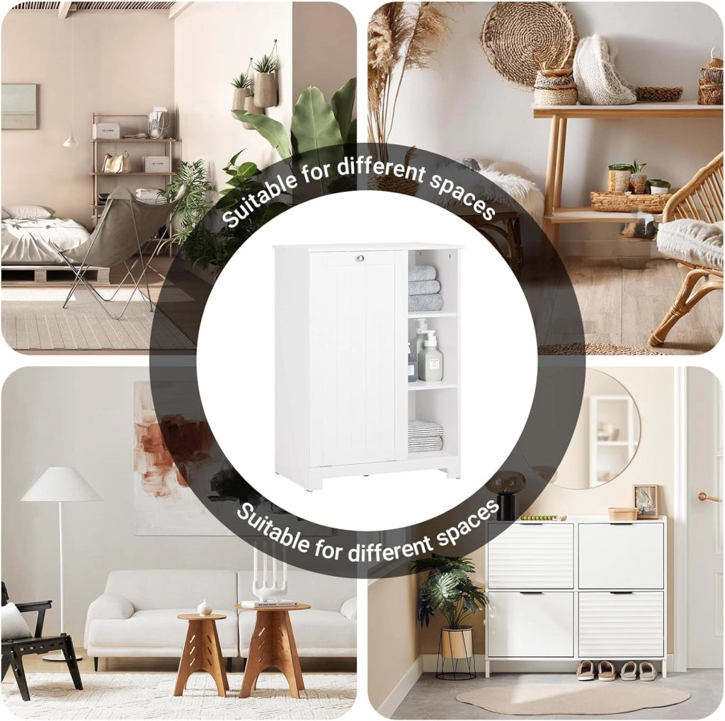 Mobiletto da Bagno con Sacco per Biancheria – Mobile con Cesto a Ribalta e 3 Ripiani – Mobile Salvaspazio, Arredo Bagno in Legno per Spazi Ridotti, Bianco, 60x86x37cm, BZR105-W