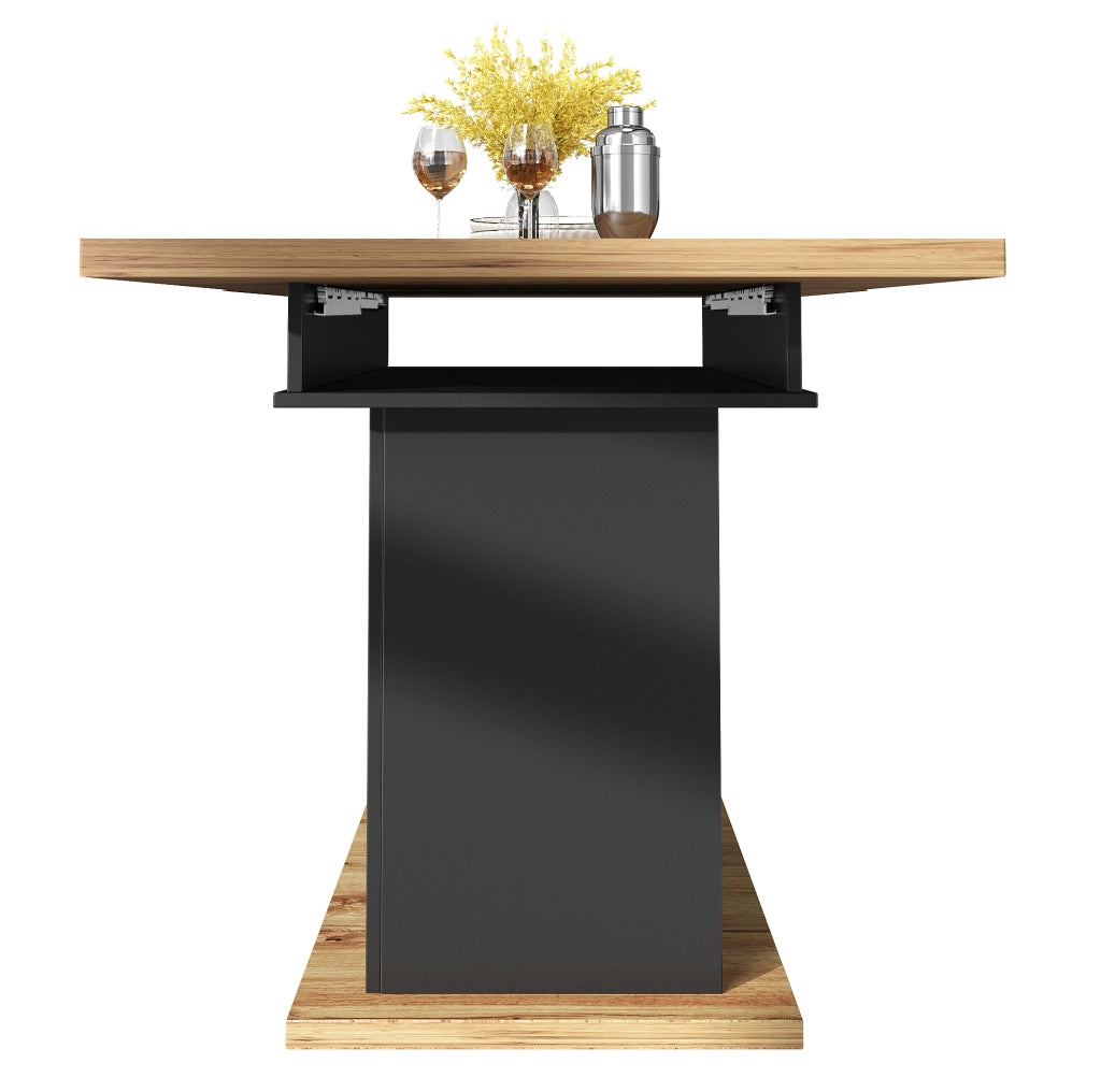 Tavolo da pranzo allungabile 110-140x80x75 cm con contenitore; MDF e metallo; nero e naturale