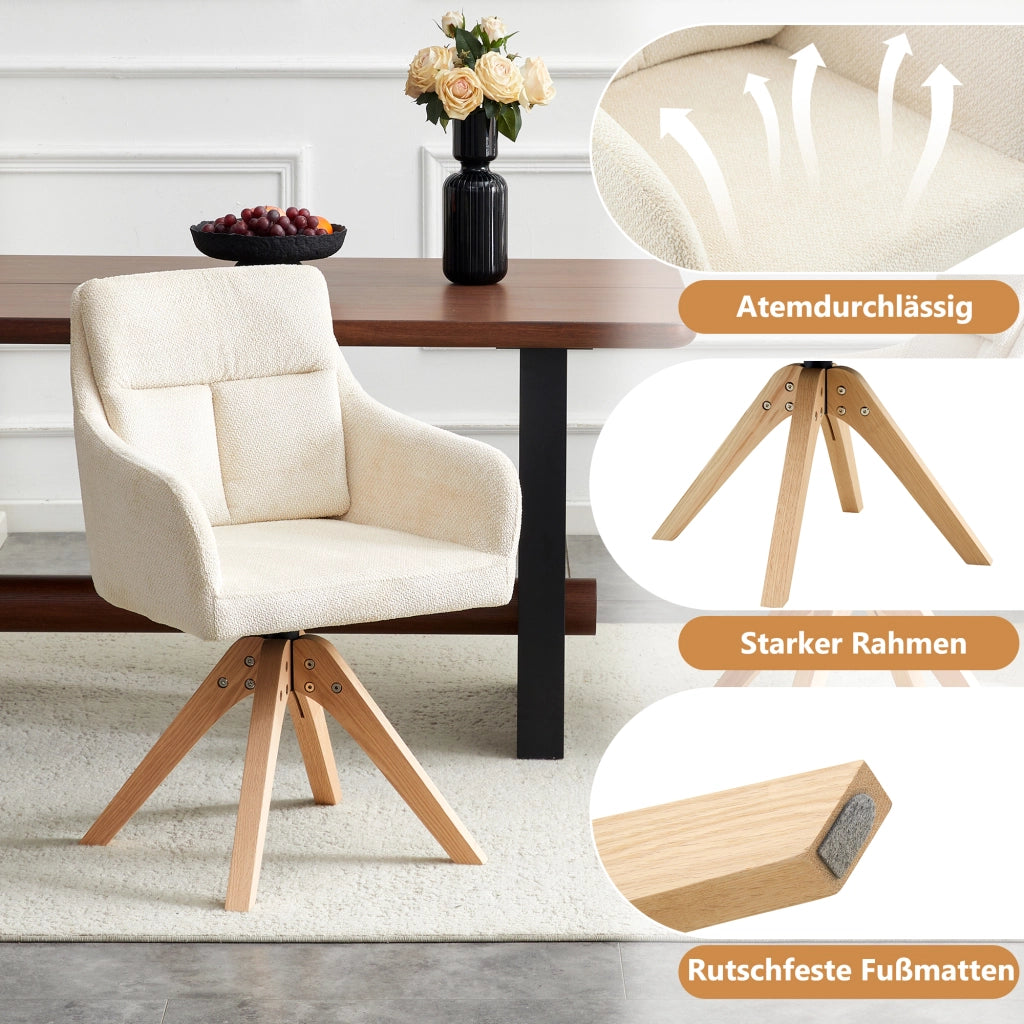 Sedia da Pranzo Set da 2 Girevole a 360° con Schienale Alto e Braccioli in Tessuto Bianco e Legno