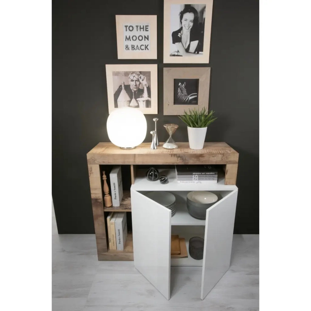Buffet 2 porte collezione BURA, colore bianco lucido laccato e rovere chiaro