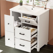 Mobile lavabo freestanding in MDF e ceramica, bianco, 76,5 x 47 x 83,5 cm, con 4 cassetti e cassetto ribaltabile